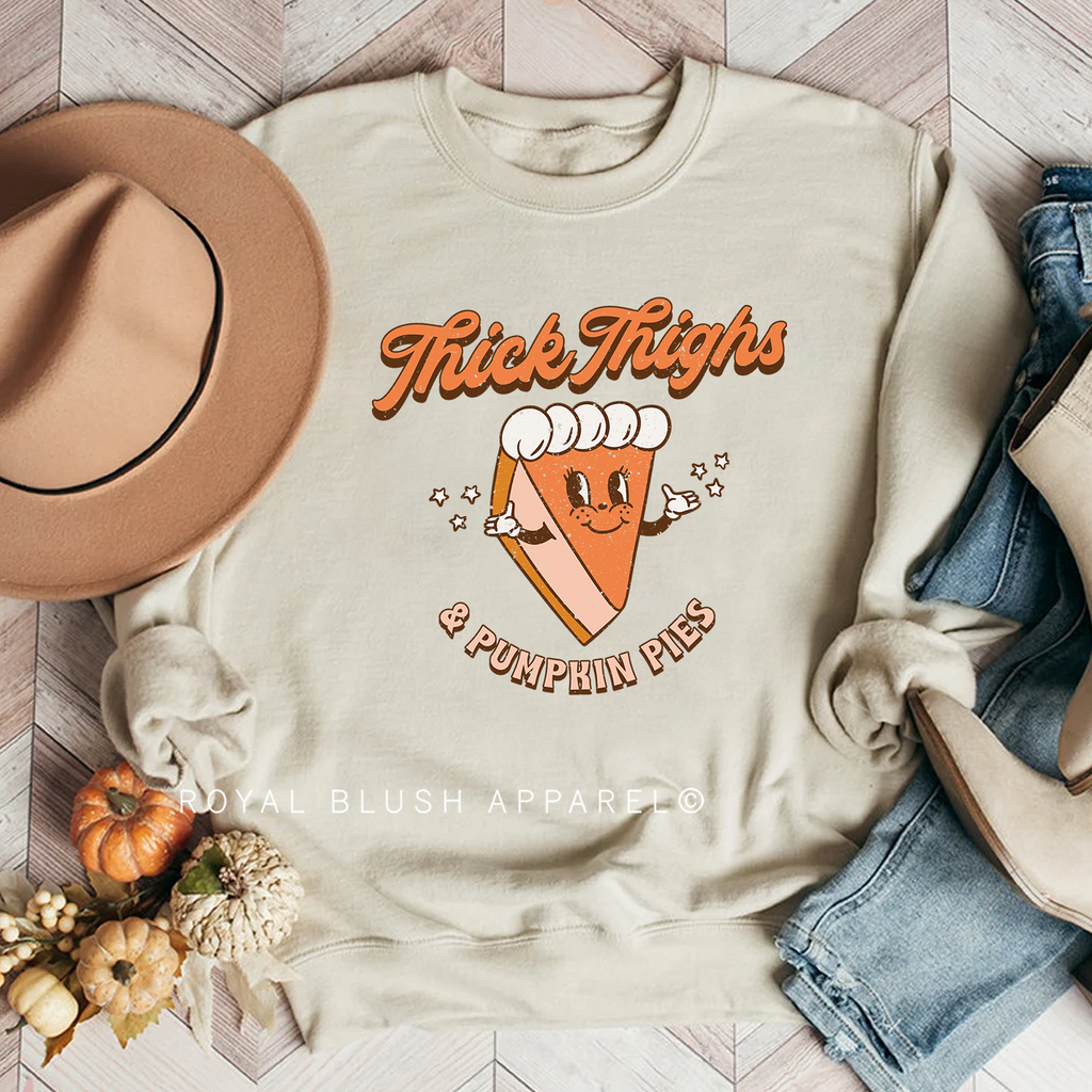 Thick Thighs & Pumpkin Pies Sweatshirt graphic Sweatshirt mockup.