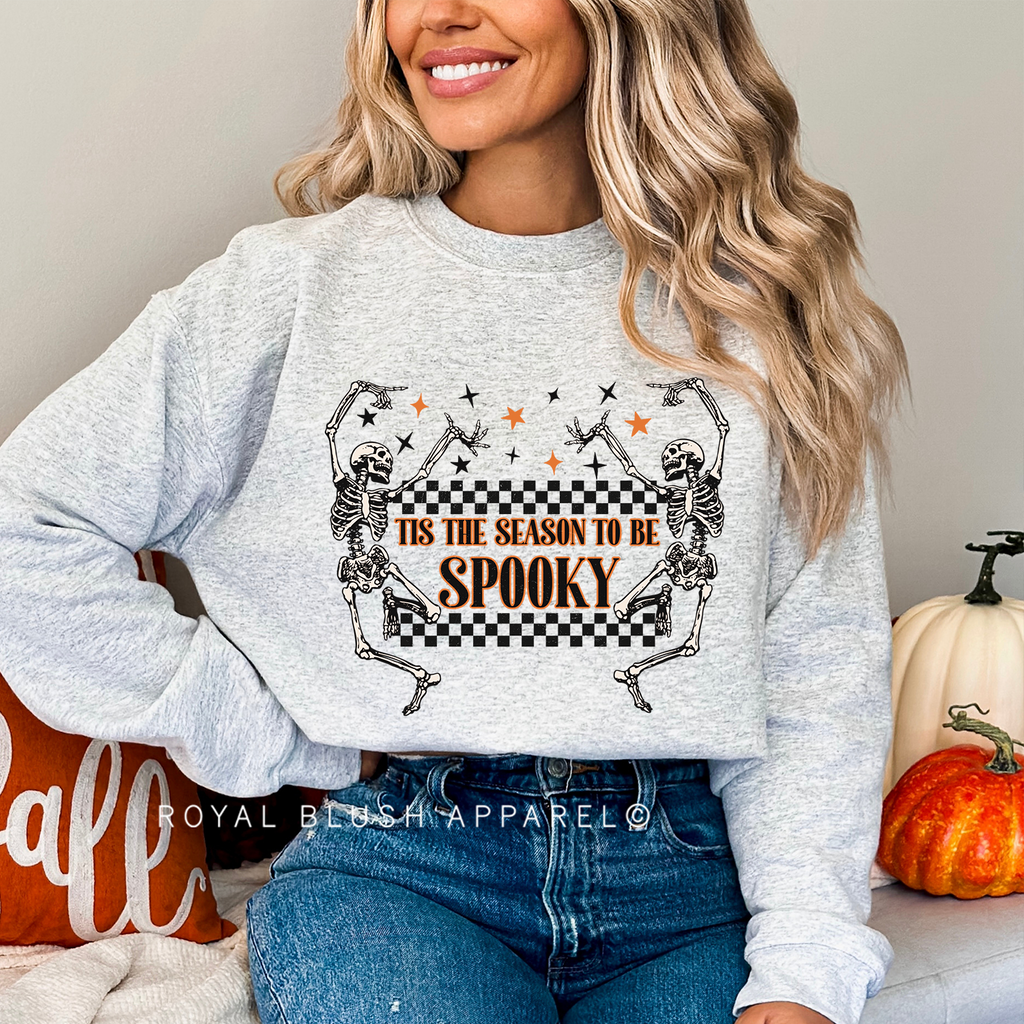 Skeleton Tis The Season To Be Spooky Sweatshirt Halloween graphic Sweatshirt mockup.