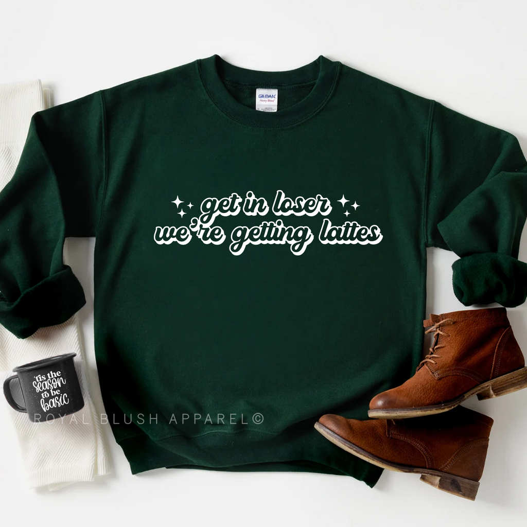 Get In Loser We're Getting Lattes Sweater Fall graphic Sweatshirt mockup.