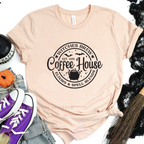 Witches Brew Coffee House Halloween graphic T-shirt mockup.