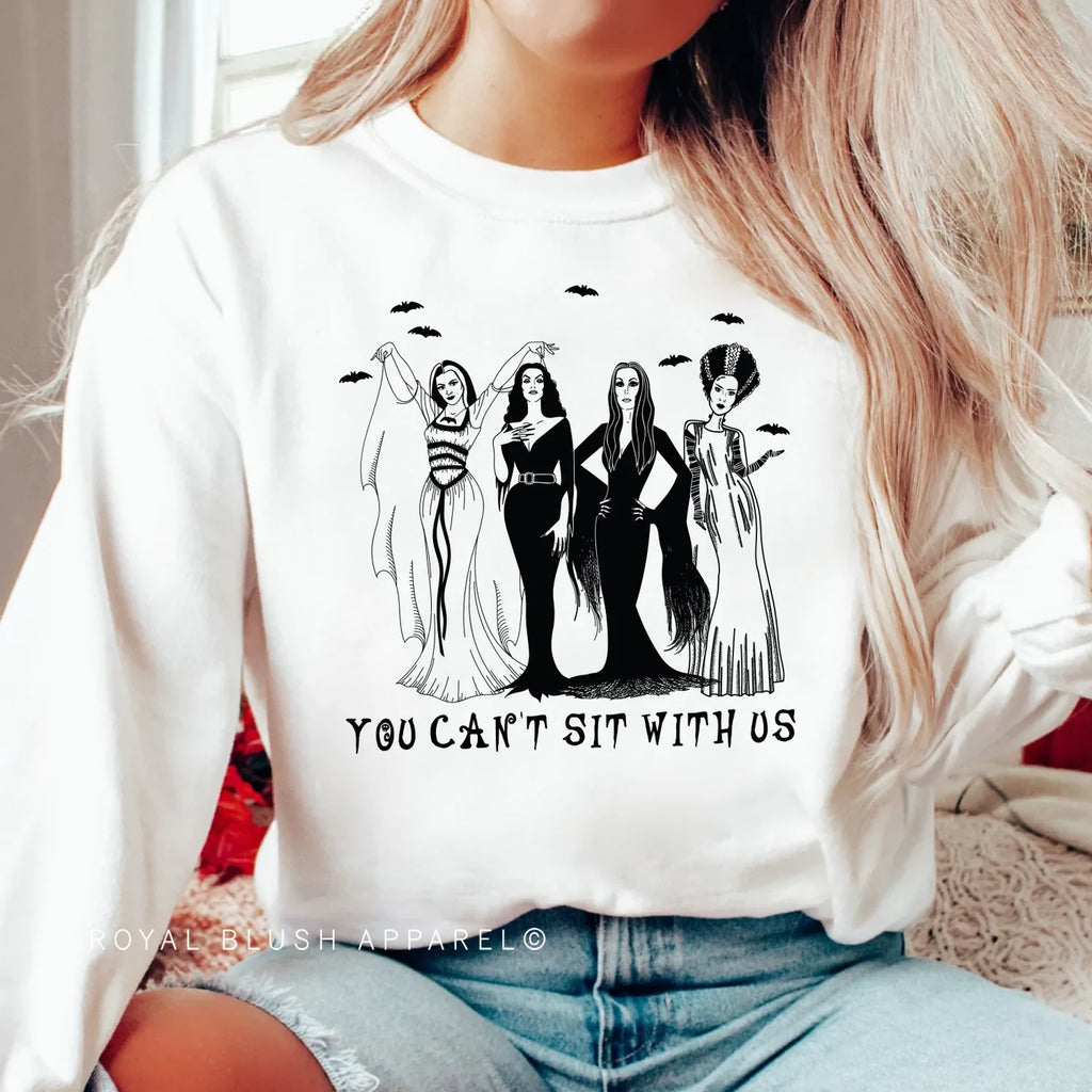 You Can't Sit With Us Sweatshirt Halloween graphic Sweatshirt mockup.